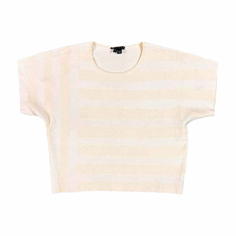 Theory Women’s Ivory Striped Knit Cropped Crew Neck Short Sleeve Sweater S